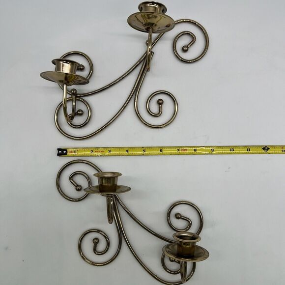 2 Pc Brass Toned Scroll Wall Mounted Taper Candle Sconces - Picture 8 of 9